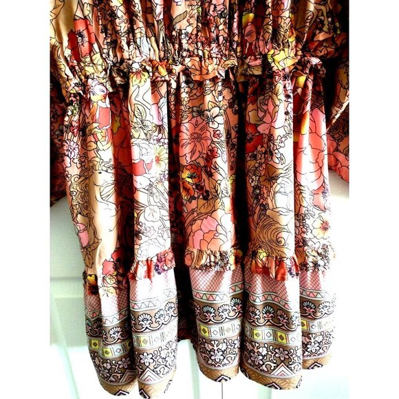 Gypsy Boho Mini Dress Champagne and Pink Cotton Tiered Balloon Sleeves - M/L - Picture 4 of 10